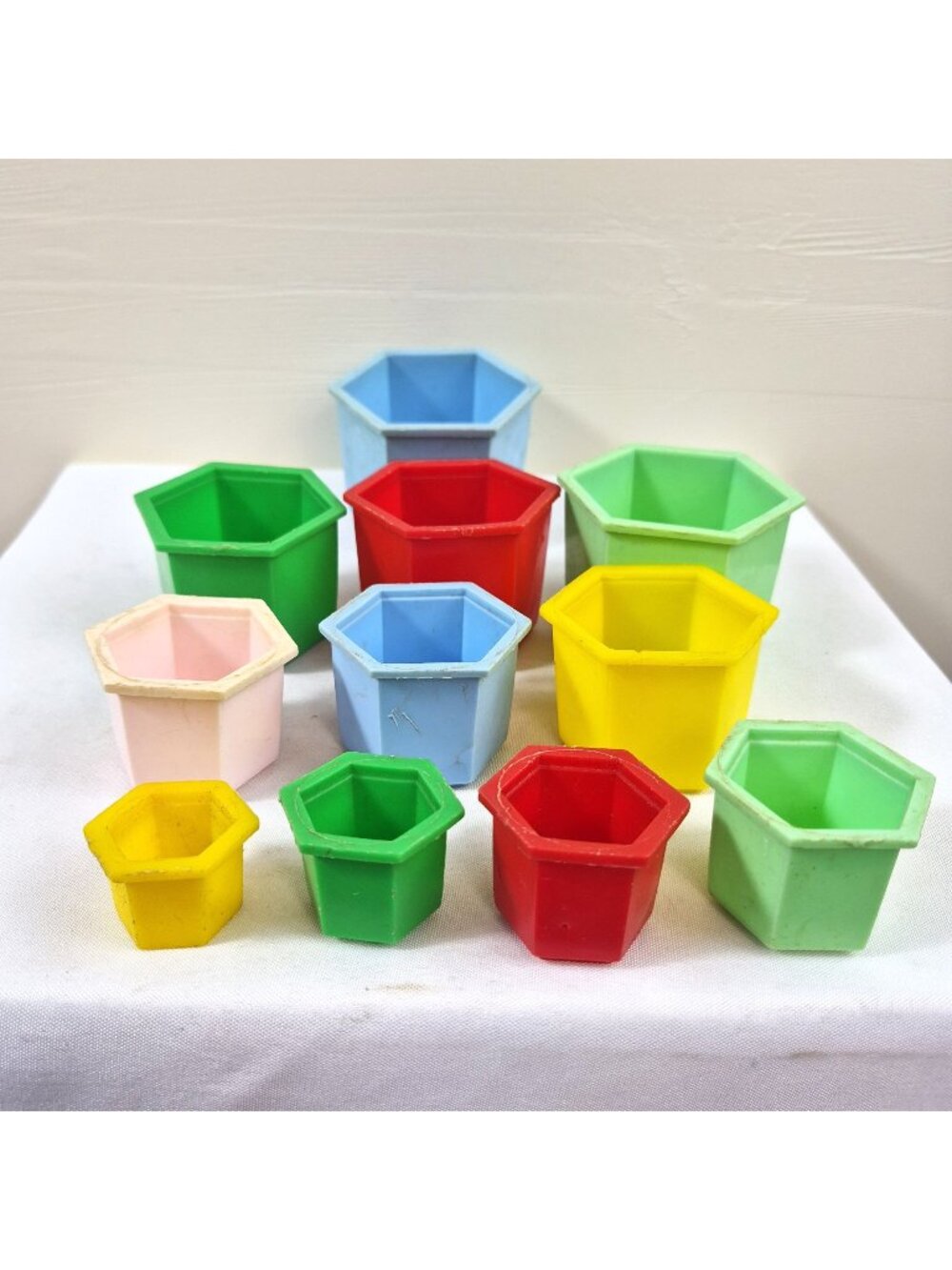 Vintage Hexagon Nesting Cups Stackable Toy Learning Colors Shapes Farm Animals